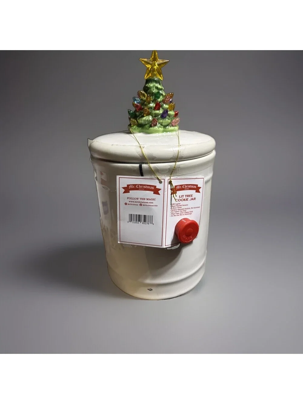 Aldi Merry Moments Mr Christmas LED Lit Tree Ceramic Cookie Jar White 11.75 in